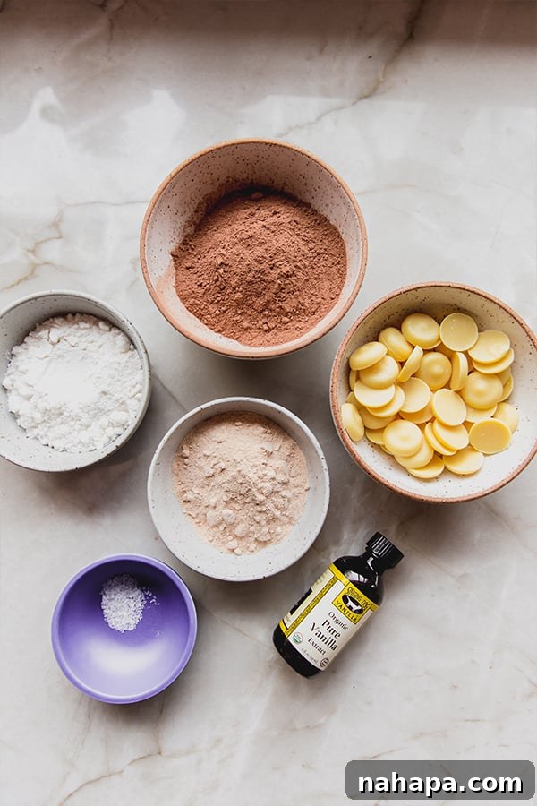 All the ingredients to make homemade coconut milk chocolate bar sitting on the counter, neatly arranged.