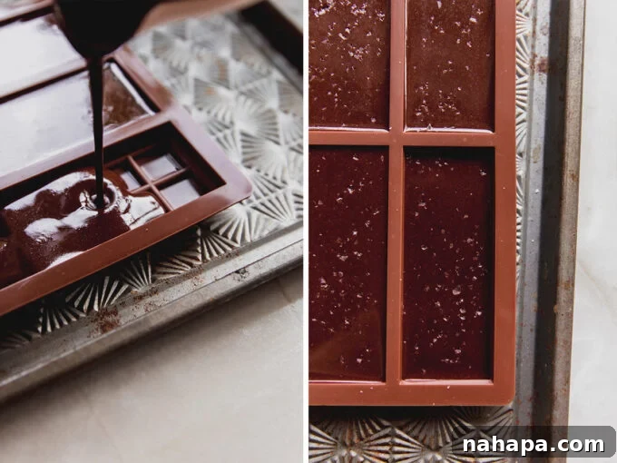 Photos showing how to pour the homemade coconut milk chocolate bar mixture into molds and place them in the fridge to set.