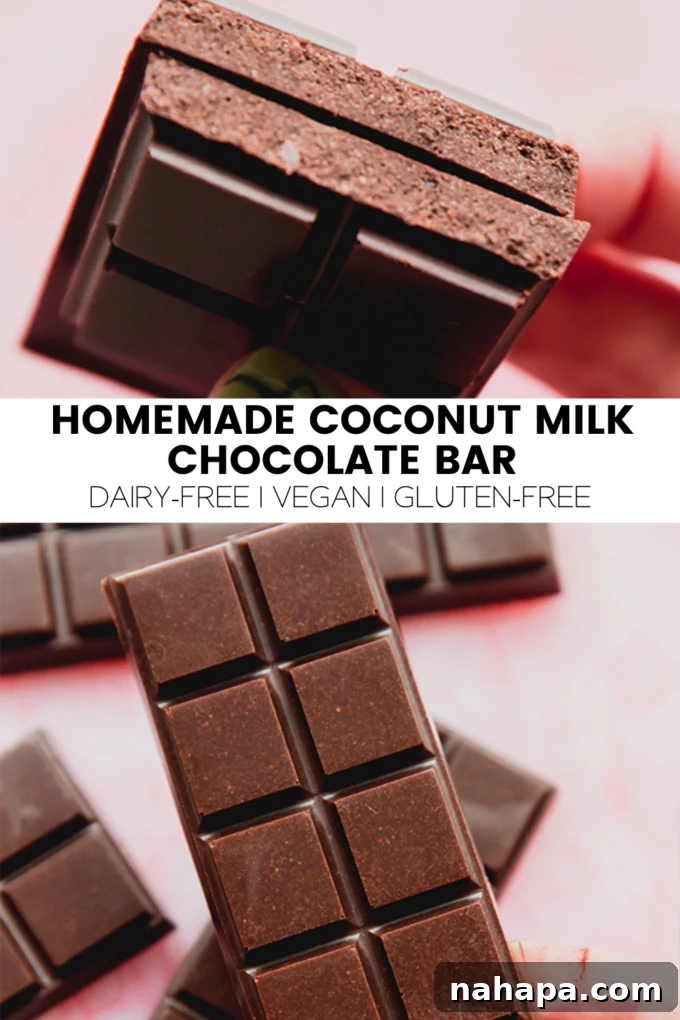 A beautiful, finished homemade coconut milk chocolate bar.