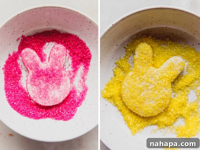 Close-up photos illustrating the fun process of dipping the freshly cut marshmallow shapes into vibrant pink and yellow naturally dyed sugar, creating the iconic Peeps coating.