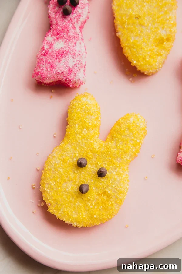 A close-up shot of a plate of vibrant homemade Peeps, showcasing their fluffy texture and bright colors, perfect for an Easter celebration.