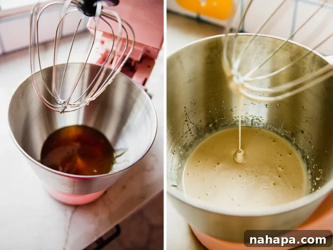 Step-by-step photos illustrating honey before and after being whipped to a light, creamy consistency in a stand mixer.