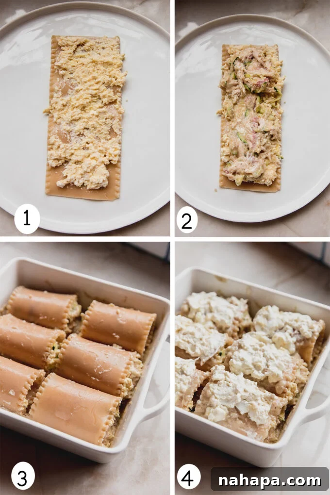 Step-by-step photos illustrating the process of making chicken alfredo lasagna roll ups, from spreading fillings to rolling noodles and arranging them in a baking dish.