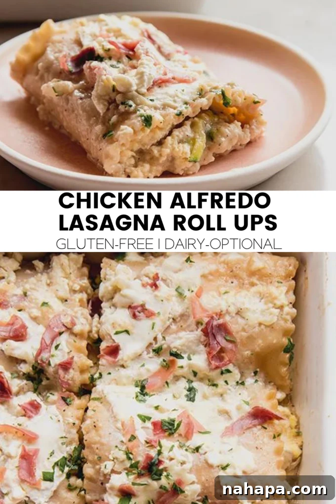 A dish of Chicken Alfredo Lasagna Roll Ups with crispy prosciutto and fresh parsley, ready to be served.