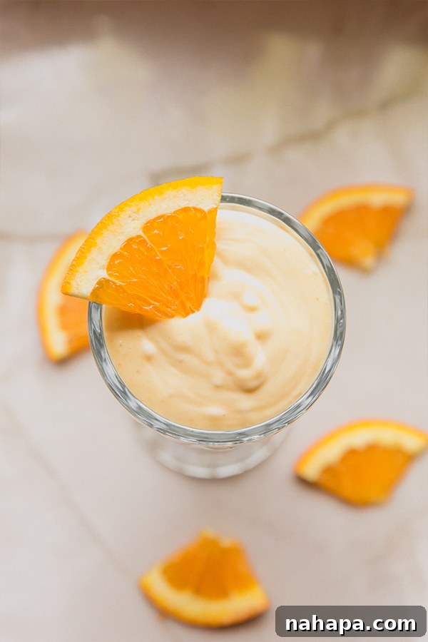 Wendy's Inspired Dairy-Free Creamsicle Frosty 5 An overhead shot of a vibrant, creamy homemade creamsicle frosty, garnished with fresh orange slices, showcasing its inviting texture and color.