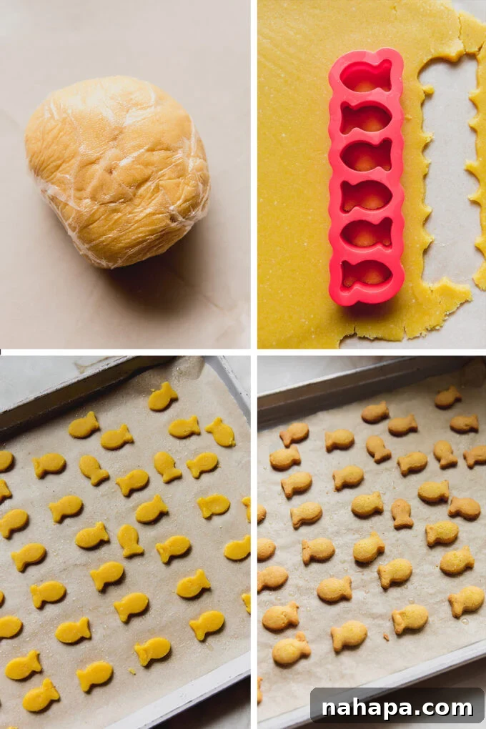 Step-by-step photos illustrating the process of making homemade goldfish crackers, from dough to cut shapes.