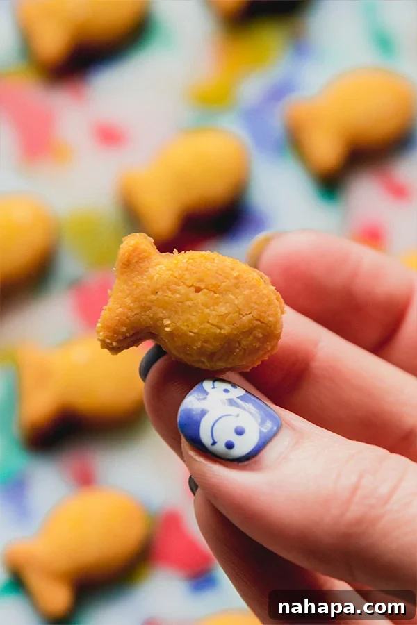 Close-up of a perfectly baked gluten-free and dairy-free goldfish cracker, ready to eat.