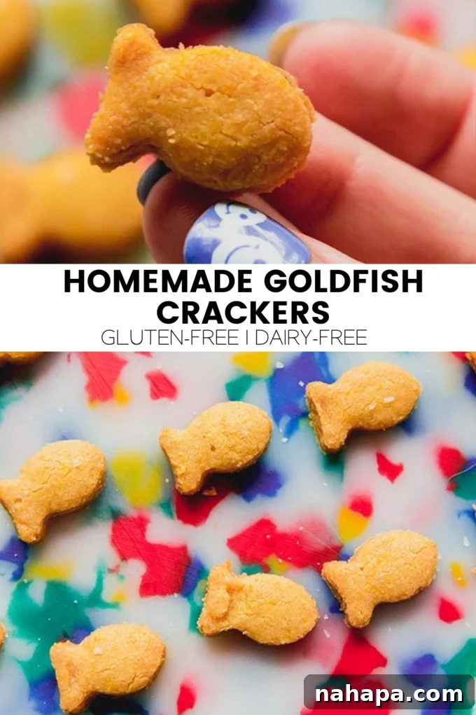 A vibrant promotional graphic for gluten-free and dairy-free goldfish crackers, encouraging readers to try the recipe.