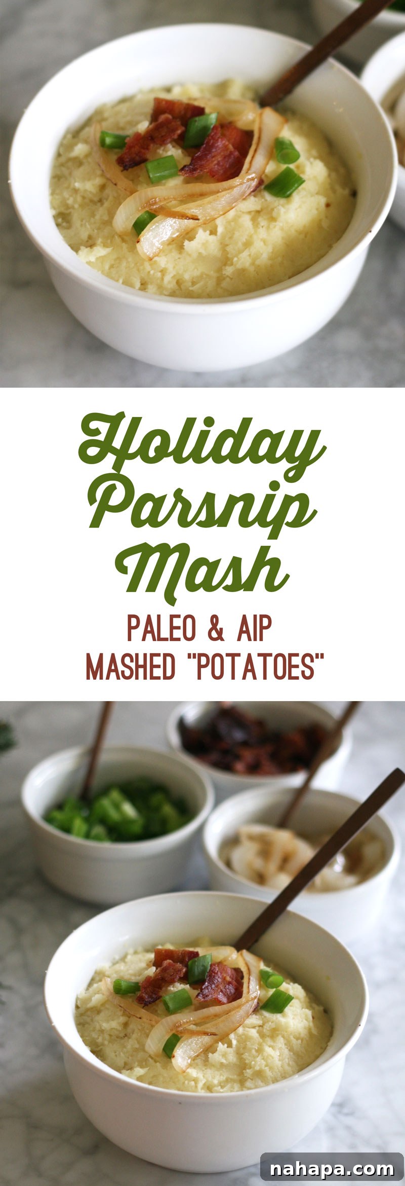Silky Paleo AIP Holiday Parsnip Mash: A Wholesome Potato Swap 6 A beautifully presented serving of Loaded Holiday Parsnip Mash, garnished with crispy bacon, caramelized onions, and fresh green onions.