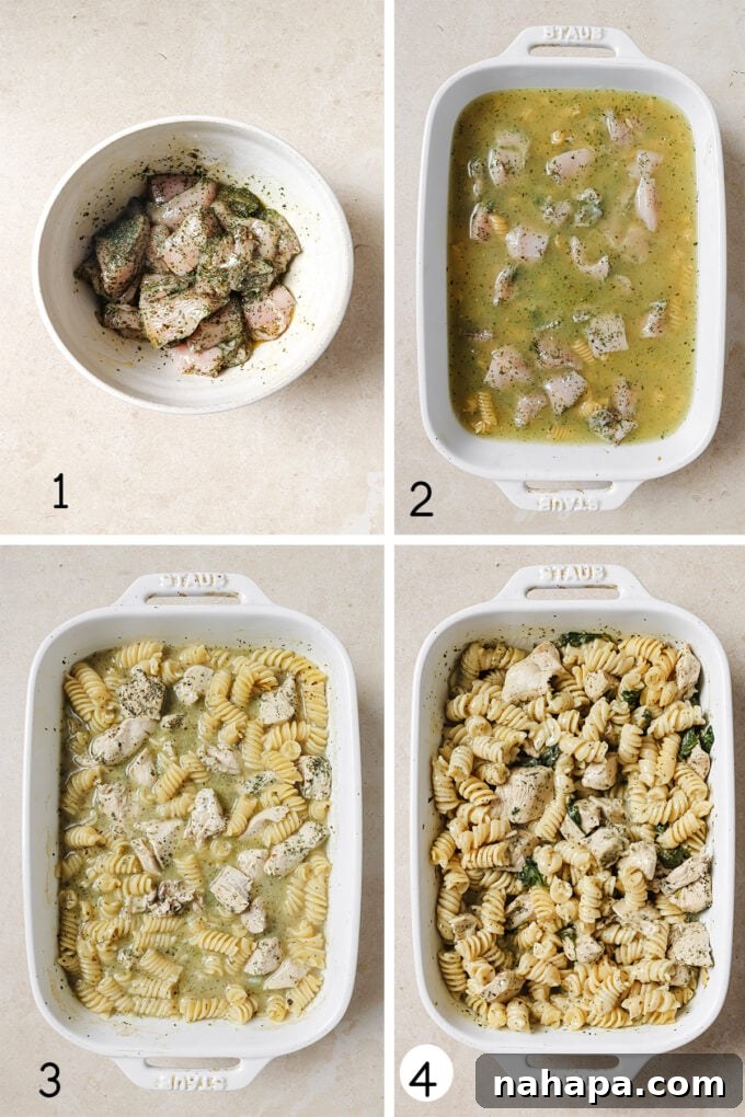 Step by step photos of the lemon chicken pasta bake being made, showing mixing and baking stages.