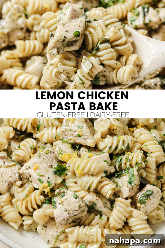 An overhead shot of the finished Lemon Chicken Pasta Bake in a baking dish, garnished with fresh herbs.