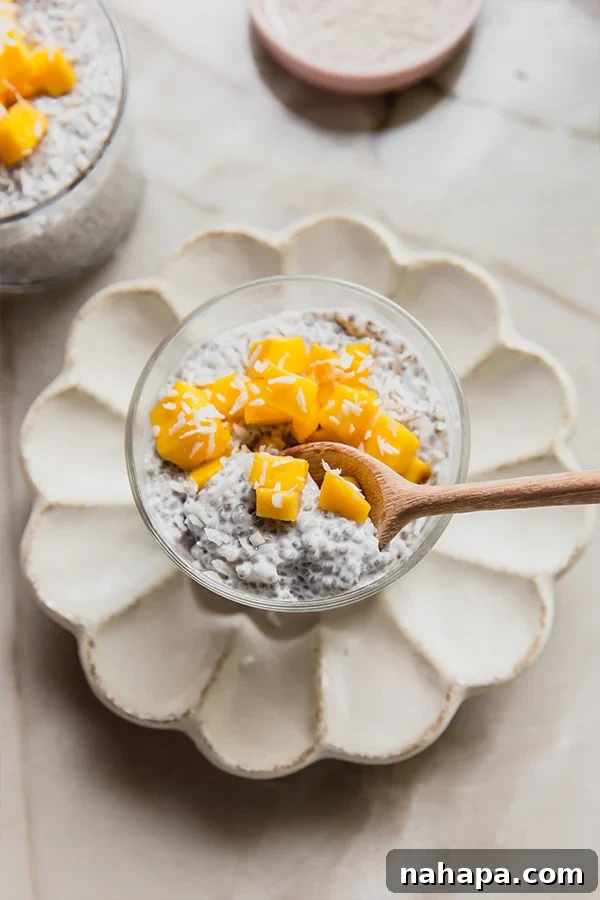 A spoon gently scoops into a cup of mango sticky rice chia pudding, revealing its layered texture and inviting, creamy consistency, capturing a delightful moment of indulgence.