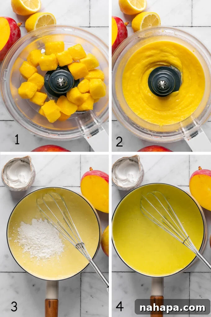 A visual sequence of making dairy-free mango pudding, showing steps from blending mango to simmering and chilling the mixture.