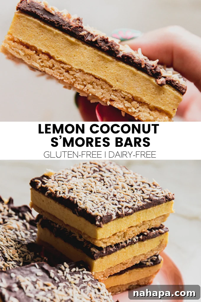 A beautiful promotional graphic for Lemon Coconut S'mores Bars, showcasing the delicious treat against a vibrant background, enticing viewers to try the recipe.