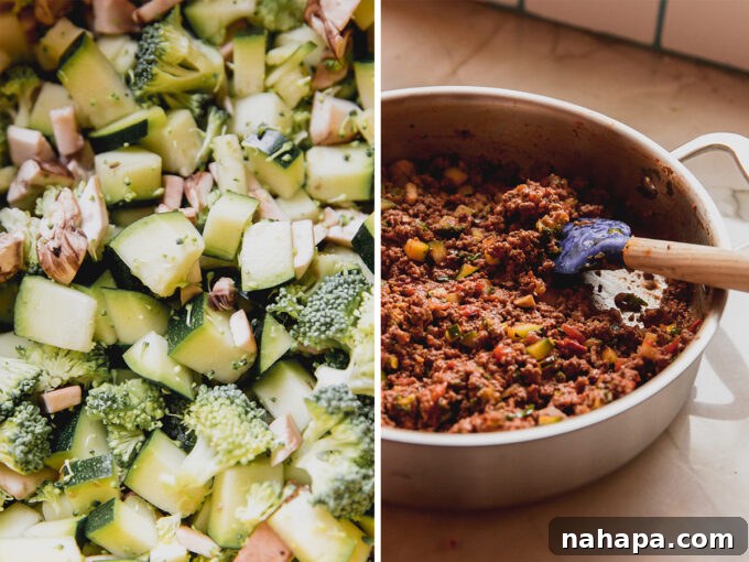 Wholesome Gluten-Free Veggie Pizza Bites 4 Ground beef and colorful vegetable filling cooking in a large pan for homemade pizza roll-ups