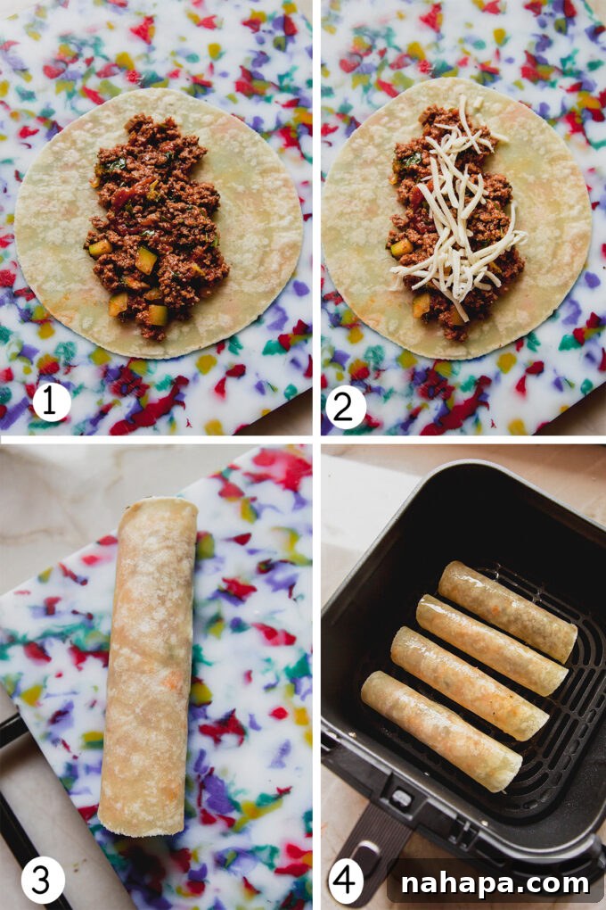 Wholesome Gluten-Free Veggie Pizza Bites 5 Assembling Air Fryer Veggie Pizza Roll-Ups, showing filling being rolled into gluten-free tortillas