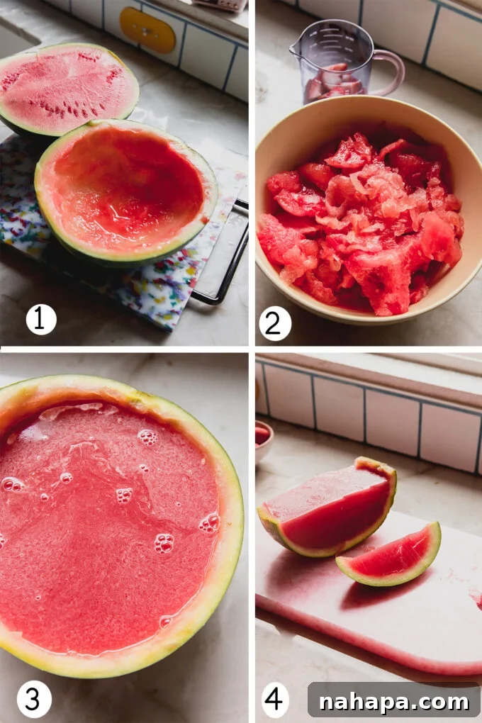 Watermelon jello mixture being carefully poured into a hollowed watermelon rind