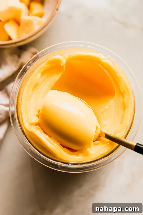 Vibrant golden mango sorbet in a Ninja Creami pint, garnished with fresh mint.
