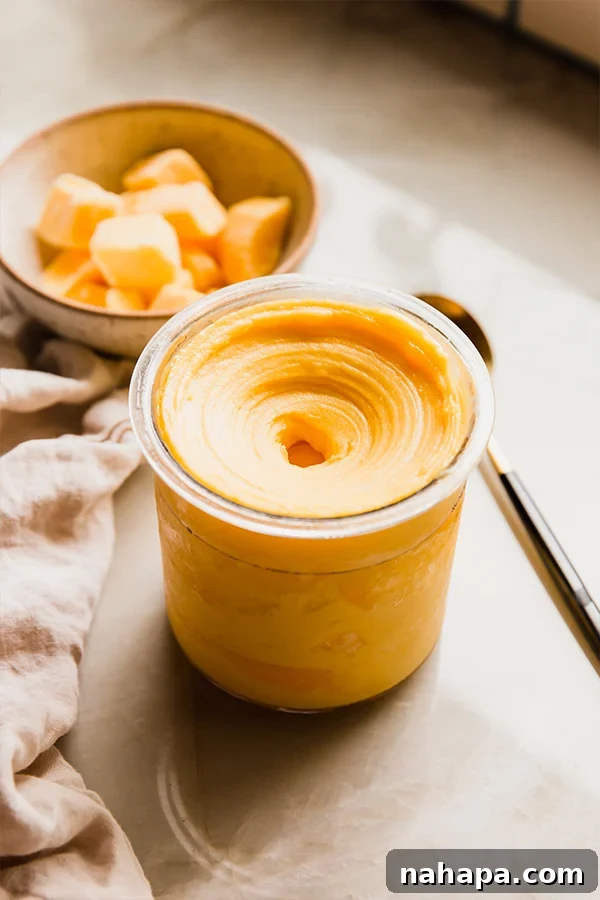 A close-up shot of the vibrant, creamy mango sorbet in a bowl, ready to be enjoyed.
