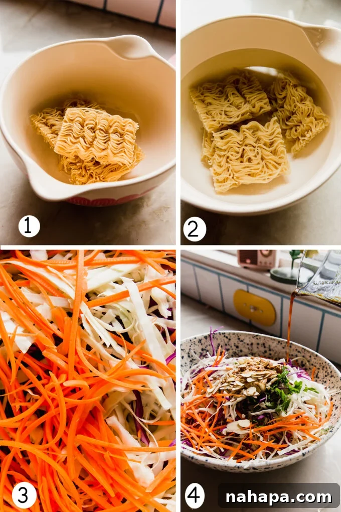 Close-up of cold ramen noodle salad with vibrant vegetables and dressing