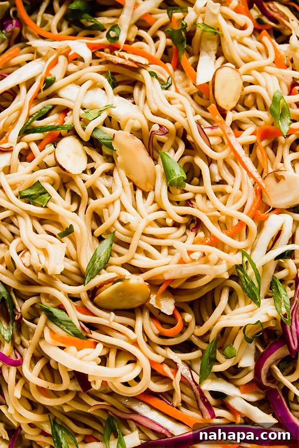 Close-up of vibrant cold ramen noodle salad ready to be served