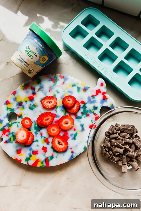 Ingredients for Dairy-Free Strawberry Crunch Ice Cream Bites: strawberries, dairy-free ice cream, chocolate chips, coconut oil, puffed quinoa, flaky salt