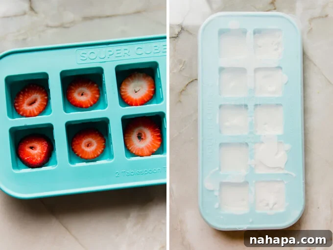 Filling silicone molds with strawberry slices and softened dairy-free vanilla ice cream