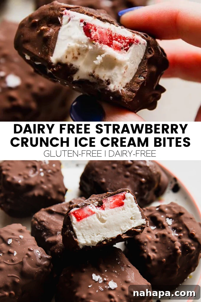 A final close-up of Dairy-Free Strawberry Crunch Ice Cream Bites on a white plate with fresh strawberries