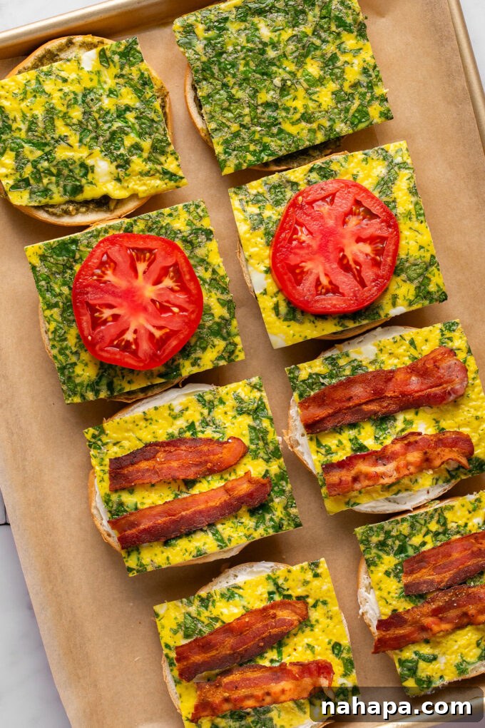 Layering sheet pan egg and bacon on a bagel