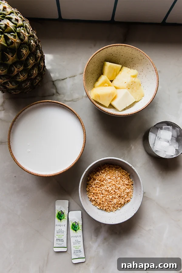 Jade Piña Paradise 3 Ingredients for Matcha Piña Colada laid out: matcha powder, coconut milk, pineapple, honey, toasted coconut