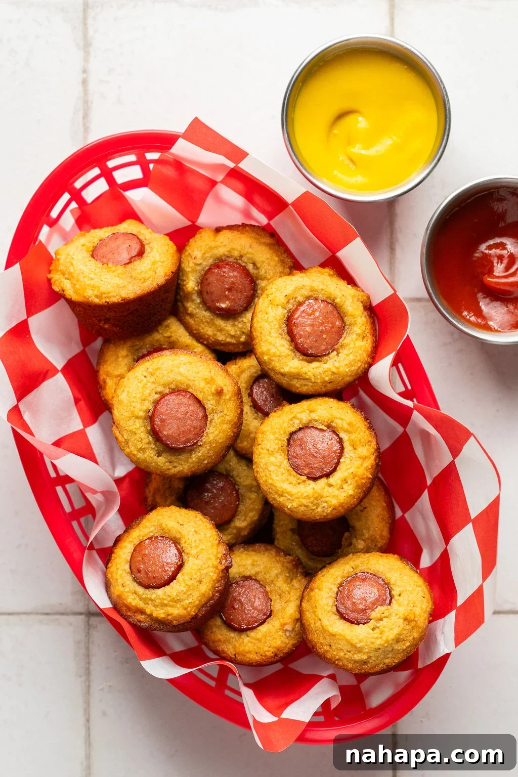A final shot of the baked corn-free corn dog muffins, showcasing their appealing golden texture.