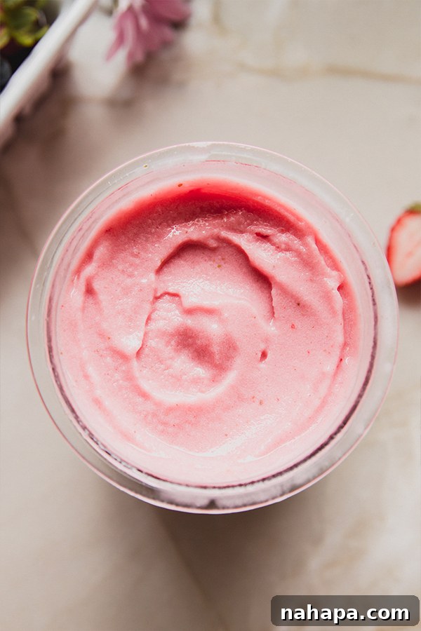 A scoop of freshly made Strawberry Pink Drink Sorbet, topped with freeze-dried strawberries.