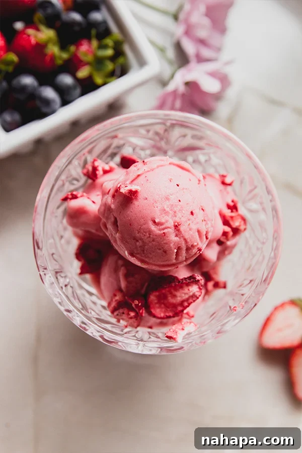 A close-up of a bowl of Strawberry Pink Drink Sorbet, ready to be enjoyed as a refreshing treat.
