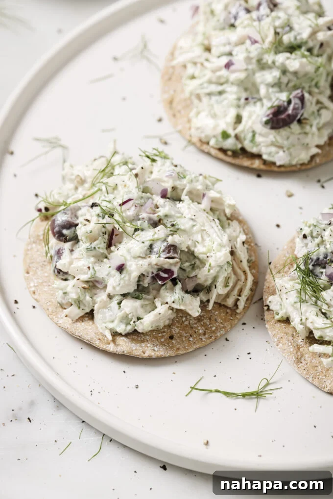 A close-up shot of Tzatziki Chicken Salad on a piece of gluten-free bread, garnished with fresh dill.