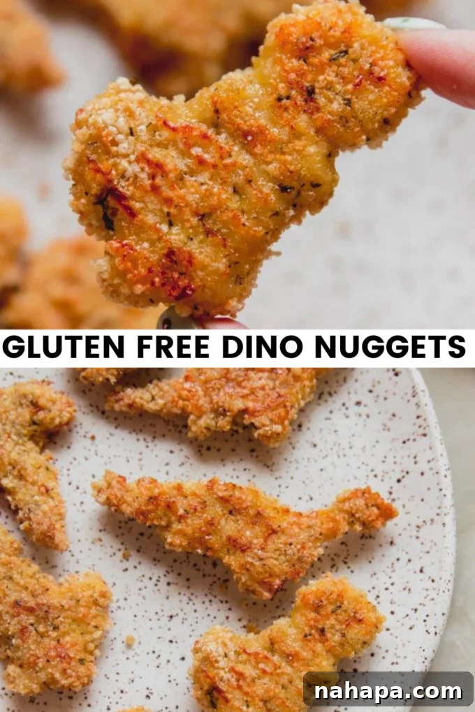 Collage with text \"Gluten free dino nuggets.\"