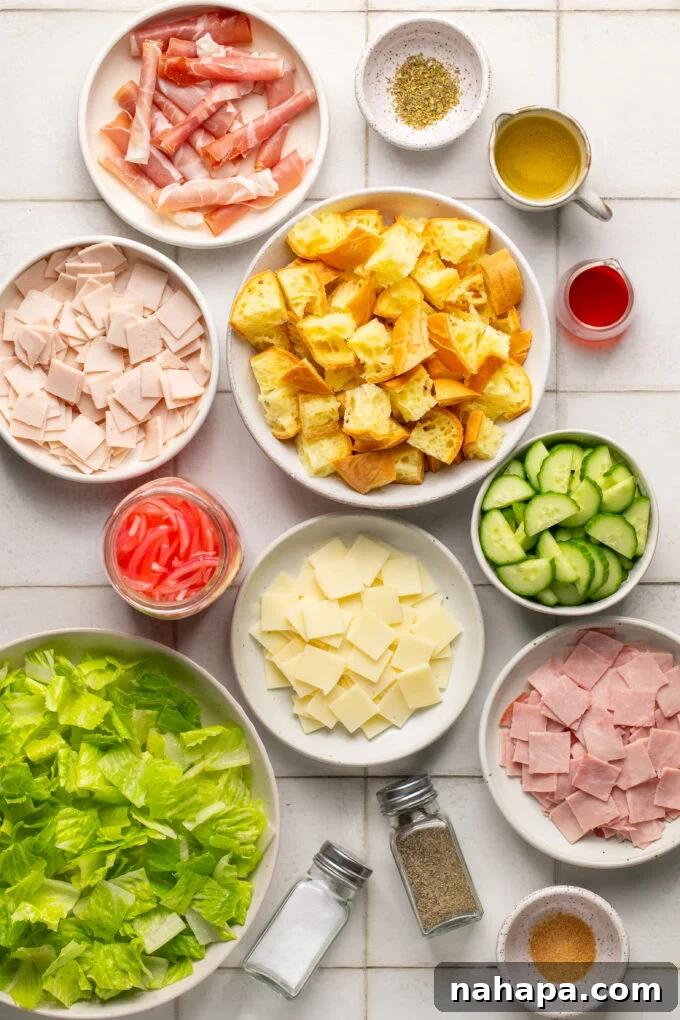 Gluten-Free Sub Salad Bowl 3 All the fresh and flavorful ingredients needed for assembling the Sub in a Tub Salad.