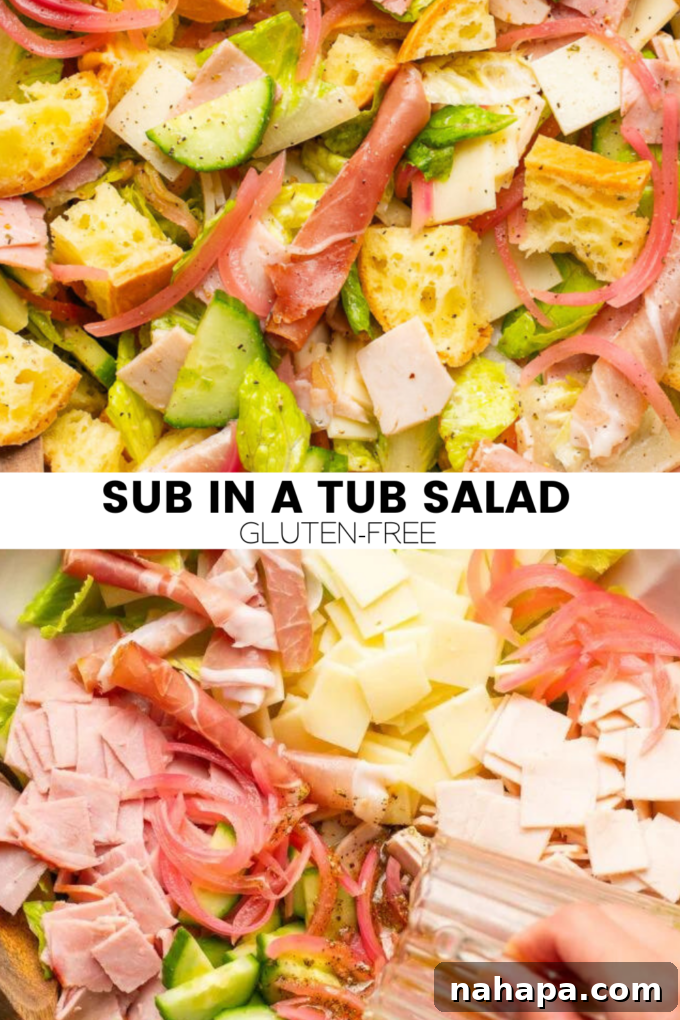 Gluten-Free Sub Salad Bowl 9 A Pinterest image showing the Sub in a Tub Salad before and after being mixed.