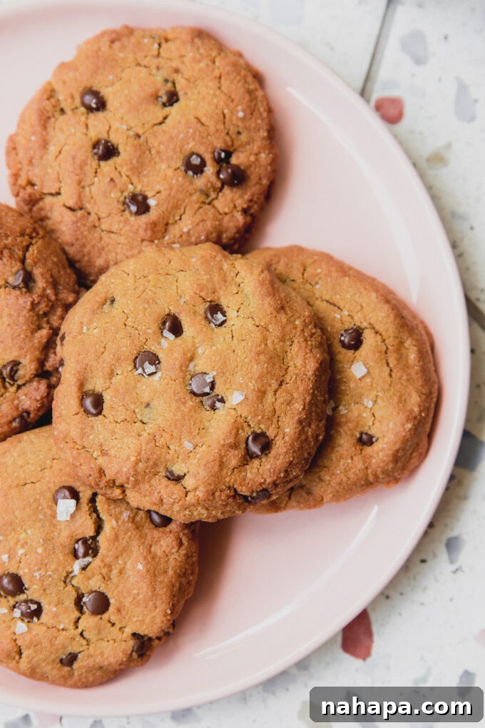 Freshly baked air fryer chocolate chip cookies arranged neatly on a pink plate, generously sprinkled with flaky sea salt.