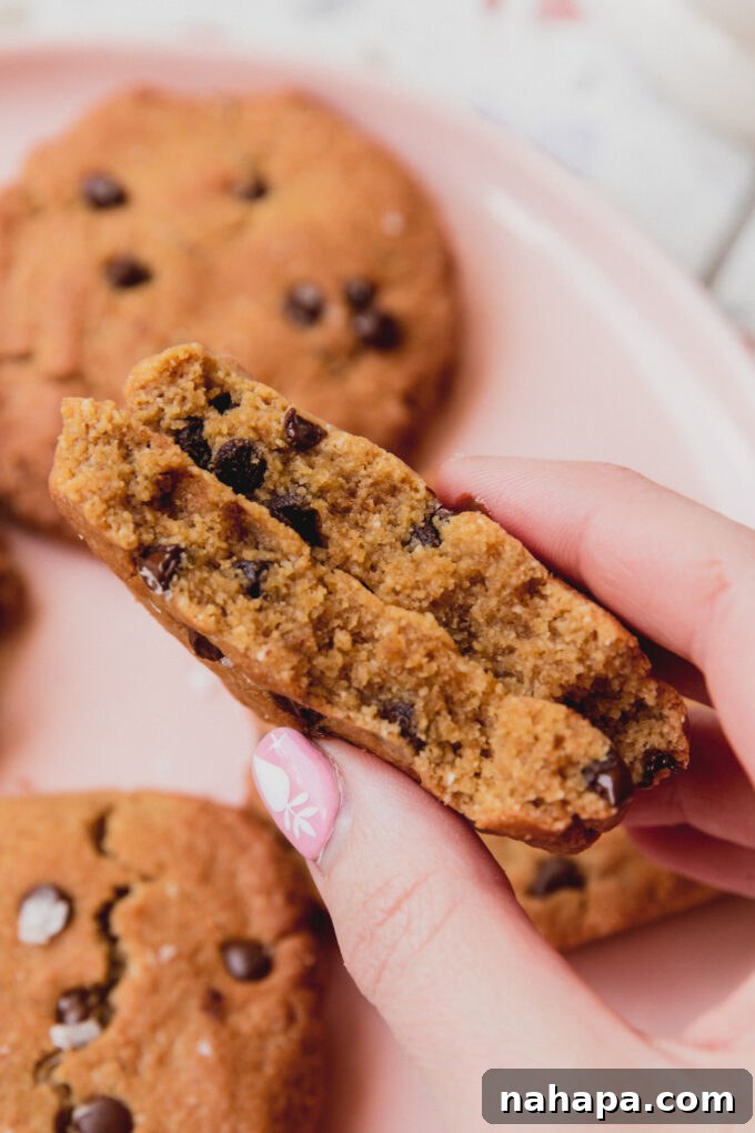 A freshly baked air fryer chocolate chip cookie, broken in half to reveal its soft, gooey center and melted chocolate chips, held delicately.