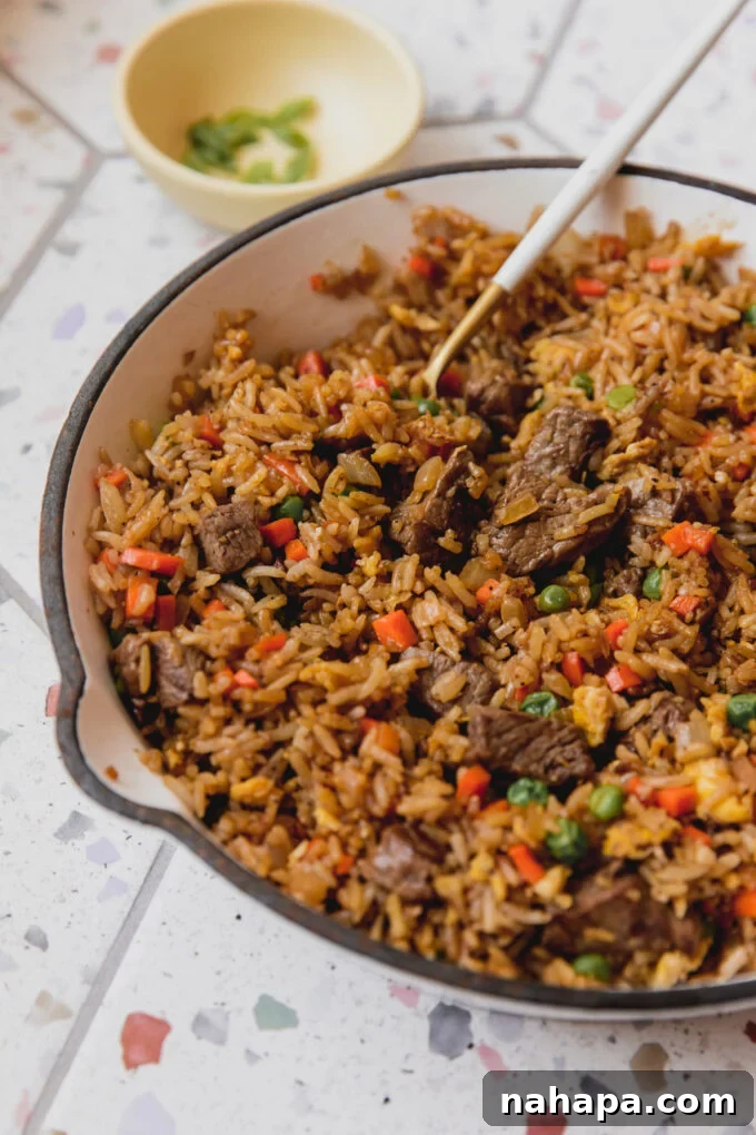 Steak fried rice in a white pan with a spoon dipping in. 