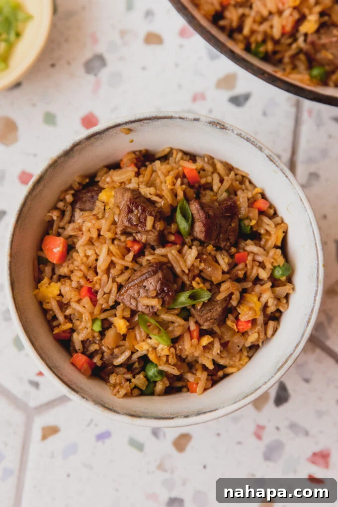 Steak fried rice in a bowl with green onion, carrots, peas, and steak.