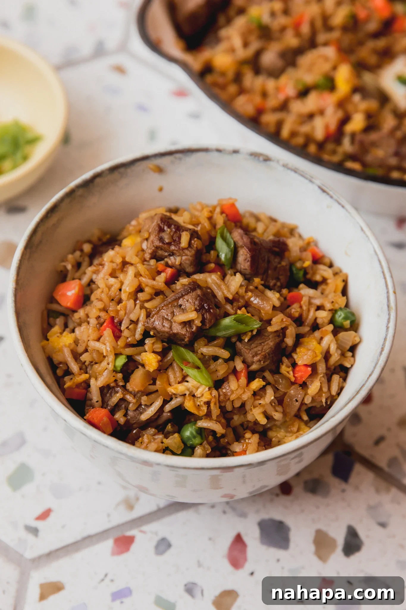 Steak fried rice in a bowl topped with chopped with green onion.