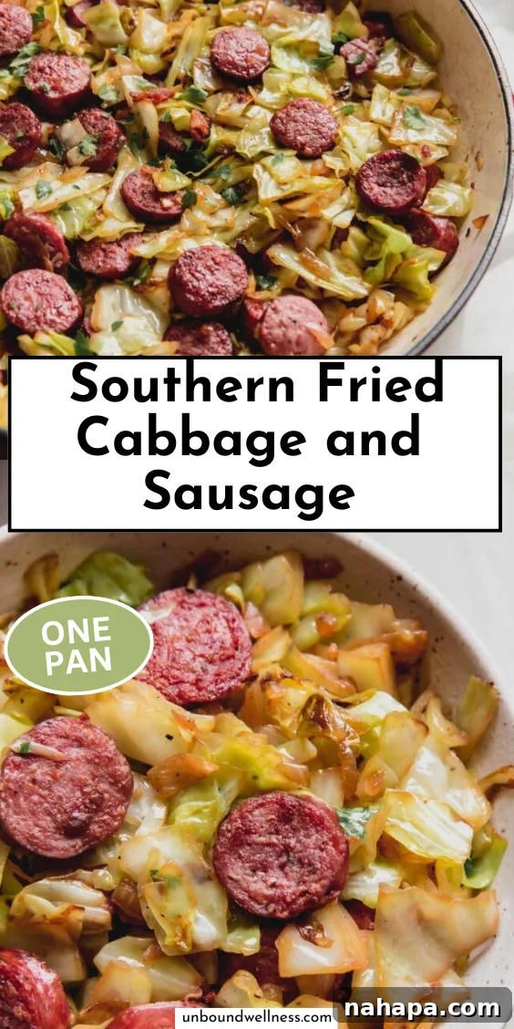 Down-Home Skillet Cabbage and Sausage 10 A stunning overhead shot of the finished Southern Fried Cabbage and Sausage in a cast-iron skillet, ready for serving.