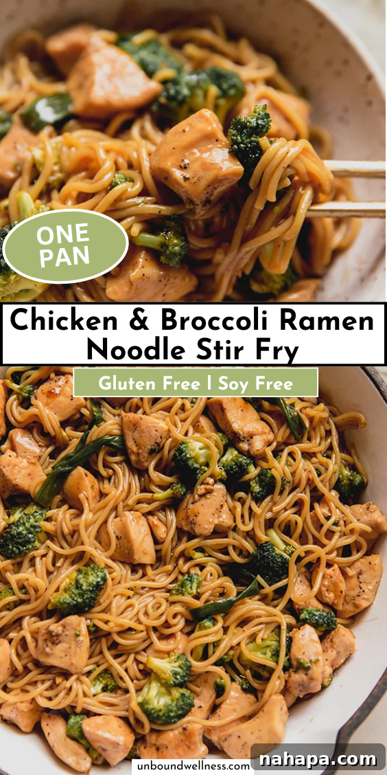 A visual graphic titled 'Chicken & Broccoli Ramen Noodle Stir Fry' showcasing the finished dish in a bowl, perfect for social media sharing.