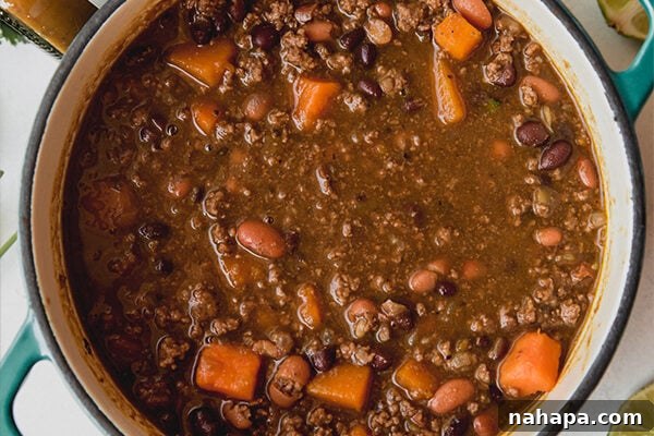 Cooked nightshade free chili simmering in a large pot, rich and thick.