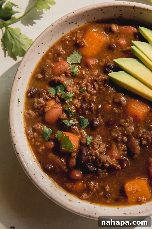 A close-up of nightshade-free chili served in a bowl, generously topped with fresh cilantro and creamy avocado slices, showcasing its vibrant appeal.