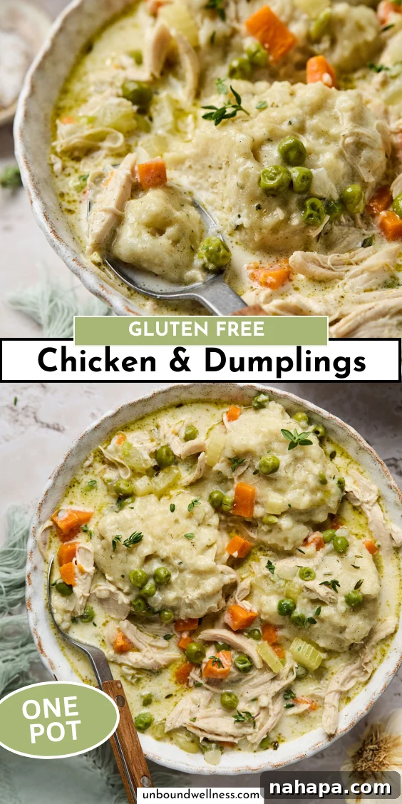 Promotional graphic for Pinterest: Gluten-Free Chicken and Dumplings recipe.
