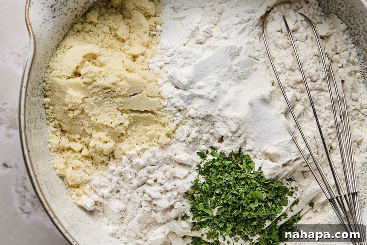 Individual ingredients for gluten-free dumplings laid out in a bowl, unmixed.