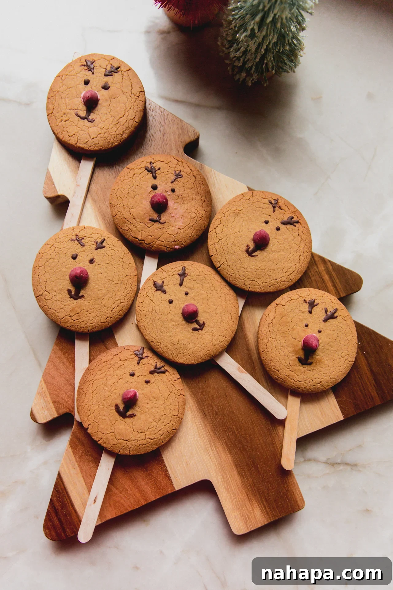 Reindeer cookies with decorated faces, red noses, and a popsicle stick on the back.