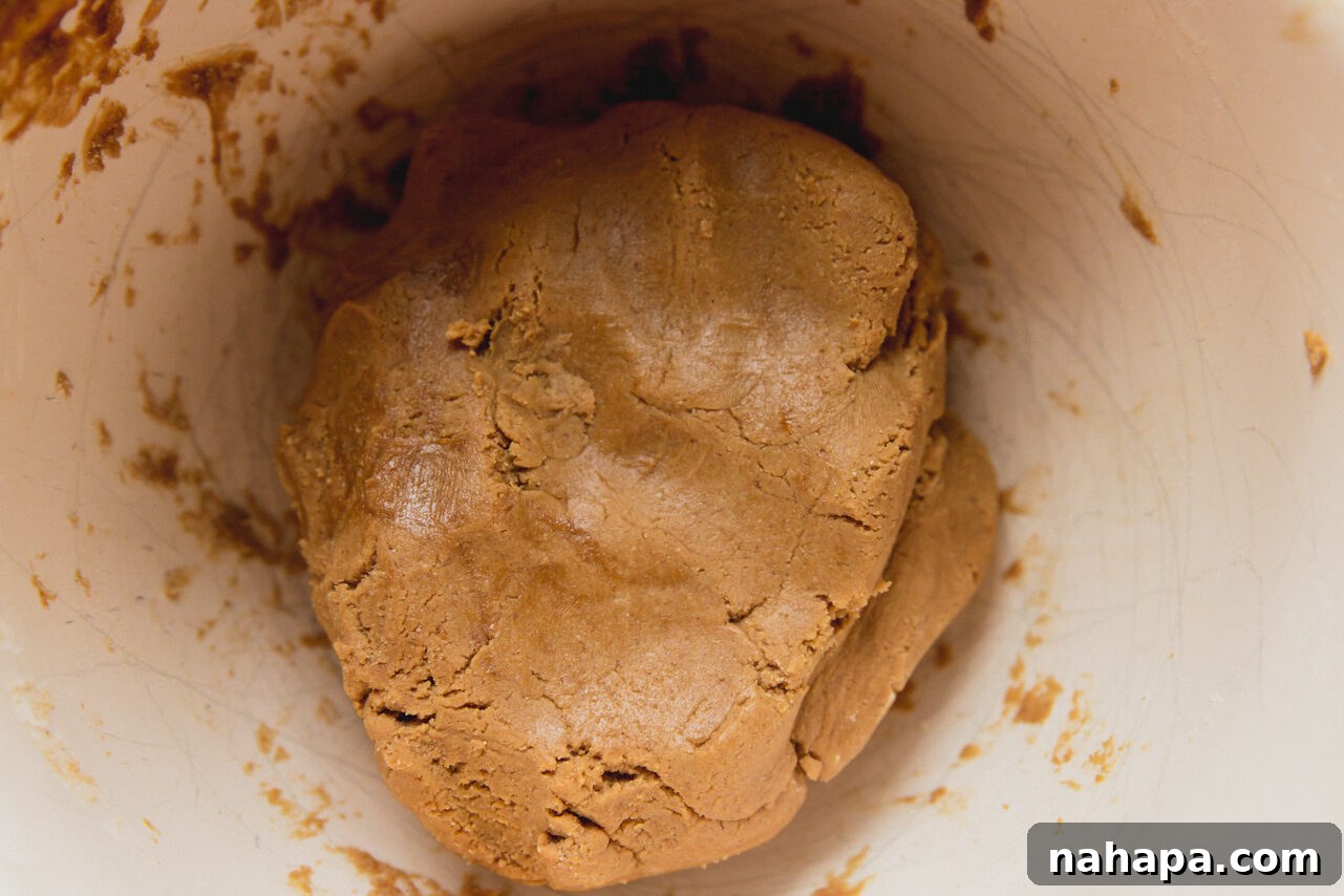 A bowl filled with freshly mixed gingerbread Rudolph reindeer cookie dough, rich brown in color and ready to be rolled.